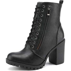 Women's Faux Leather Black Combat Ankle Chunky Heel Lace up Heeled Booties